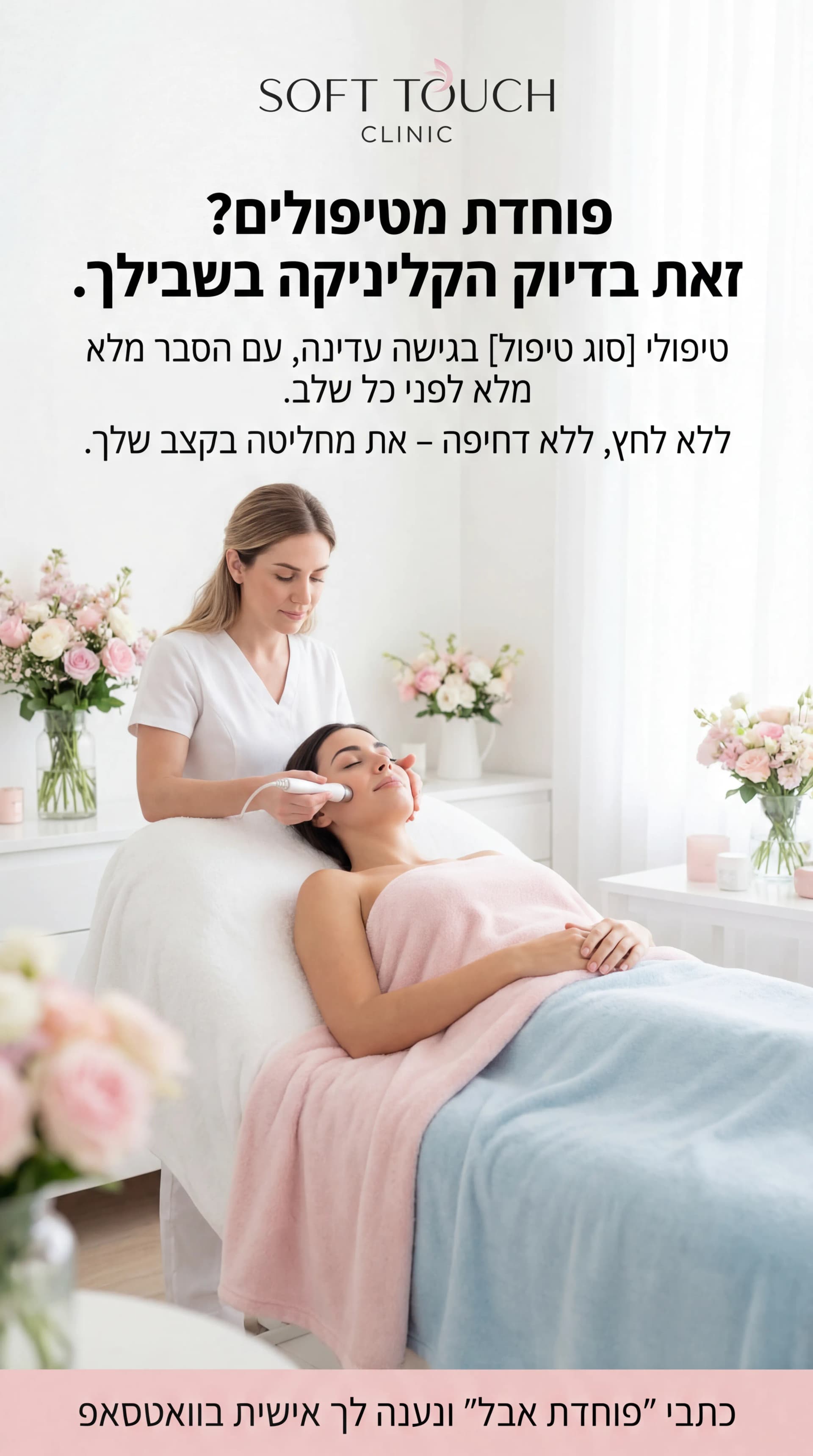 מודעת AI למרפאות וקליניקות: Soft Touch. פרומפט: 💄 AURA SKIN 1
שם העסק:
SOFT TOUCH CLINIC – קליניקה עדינה לאסתטיקה

טקסט למודעה:

כותרת:
פוחדת מטיפולים? זאת בדיוק הקליניקה בשבילך.

שורה שנייה:
טיפולי [סוג טיפול] בגישה עדינה, עם הסבר מלא לפני כל שלב.

שורה שלישית:
ללא לחץ, ללא דחיפה – את מחליטה בקצב שלך.

CTA:
כתבי “פוחדת אבל” ונענה לך אישית בוואטסאפ.

תיאור ויזואלי:
חדר טיפול בהיר, אישה שוכבת על מיטת טיפול, עיניים עצומות, נראית רגועה. מטפלת מניחה בעדינות יד/מכשיר על הלחי. צבעים: לבן, ורוד פסטל, תכלת עדין. לוגו “SOFT TOUCH CLINIC” למעלה, טקסט הכותרת באמצע.
        