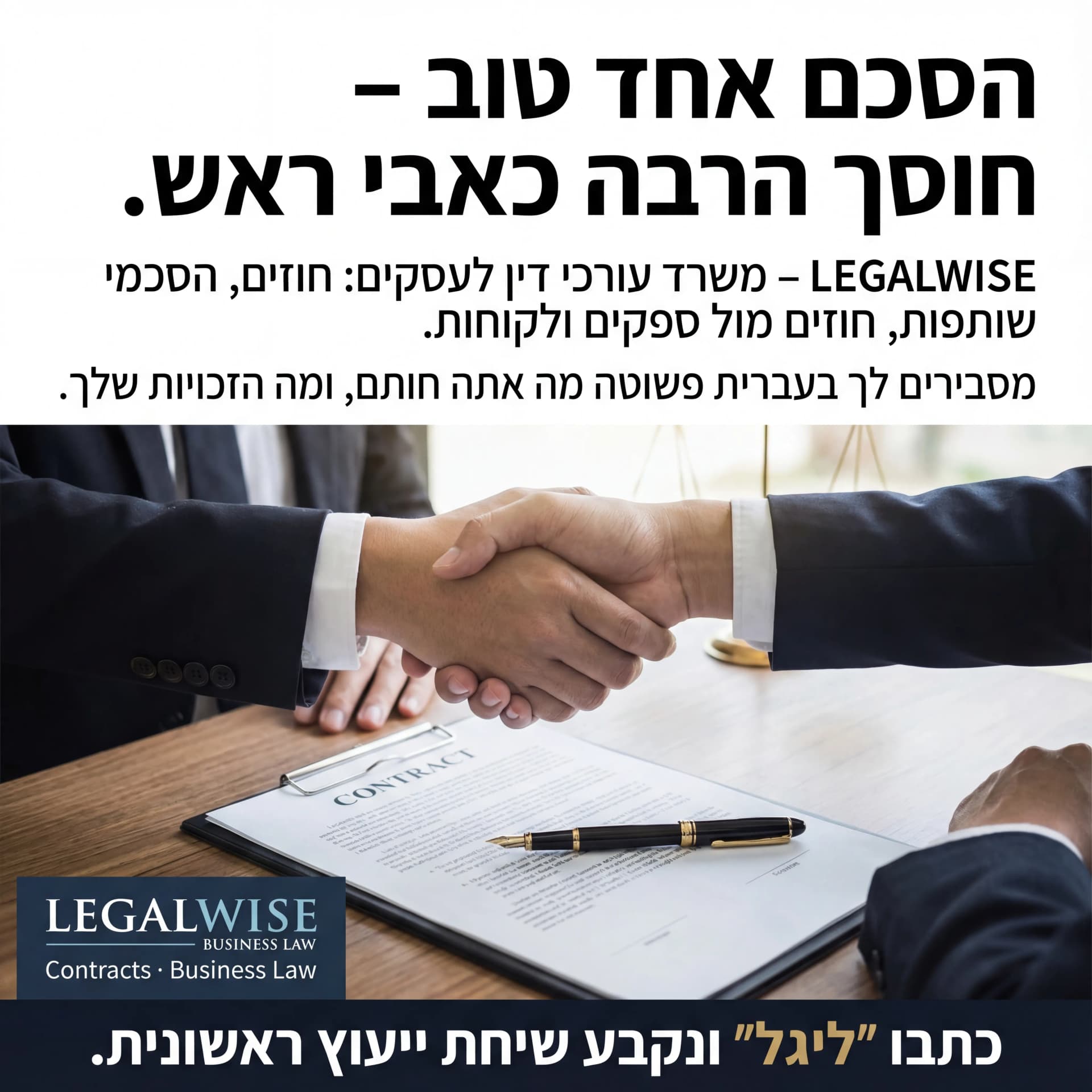 מודעת AI לשירותים מקצועיים: Legal Wise. פרומפט: ⚖️ LEGALWISE BUSINESS LAW 2

טקסט מודעה:

כותרת:
הסכם אחד טוב – חוסך הרבה כאבי ראש.

שורה שנייה:
LEGALWISE – משרד עורכי דין לעסקים: חוזים, הסכמי שותפות, חוזים מול ספקים ולקוחות.

שורה שלישית:
מסבירים לך בעברית פשוטה מה אתה חותם, ומה הזכויות שלך.

CTA:
כתבו "ליגל" ונקבע שיחת ייעוץ ראשונית.

רעיון לתמונה:
שני אנשים לוחצים יד מעל חוזה על שולחן, עט ליד. לוגו LEGALWISE BUSINESS LAW. טקסט קטן: "Contracts · Business Law".