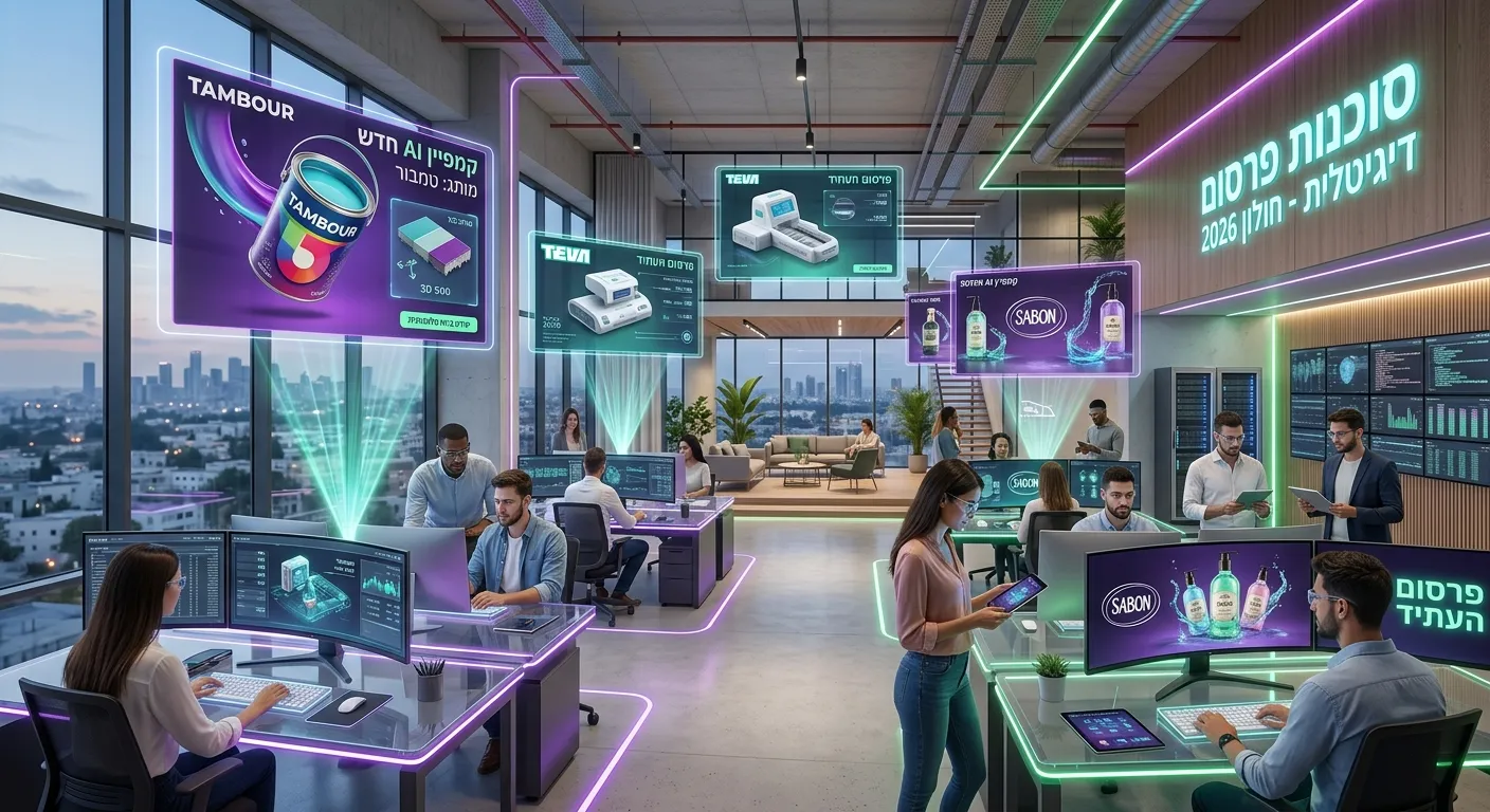משרד פרסום עתידני המציג מודעות שנוצרו בבינה מלאכותית (AI) עבור מותגים ישראליים בשילוב טכנולוגיה מתקדמת