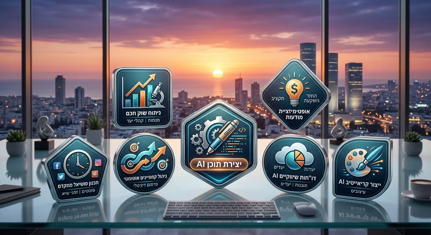 אייקונים של אפליקציות בינה מלאכותית לשיווק על שולחן זכוכית עם קו הרקיע של תל אביב ברקע