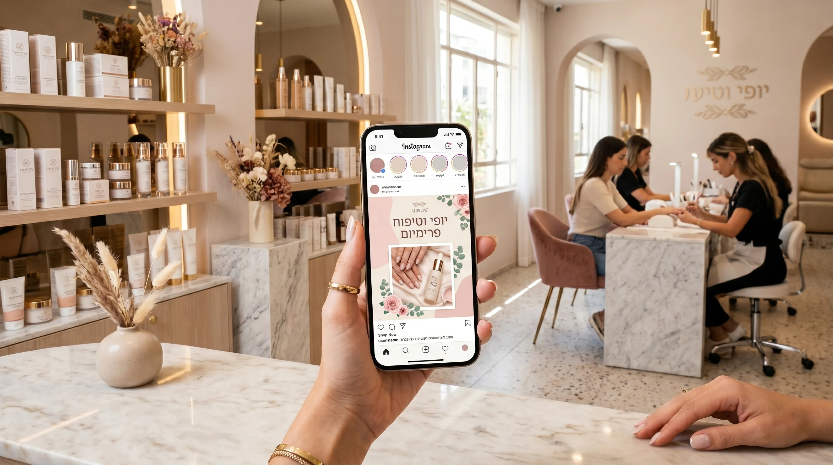 מכון יופי אלגנטי עם סטורי אינסטגרם בעברית להזמנת תורים על גבי סמארטפון