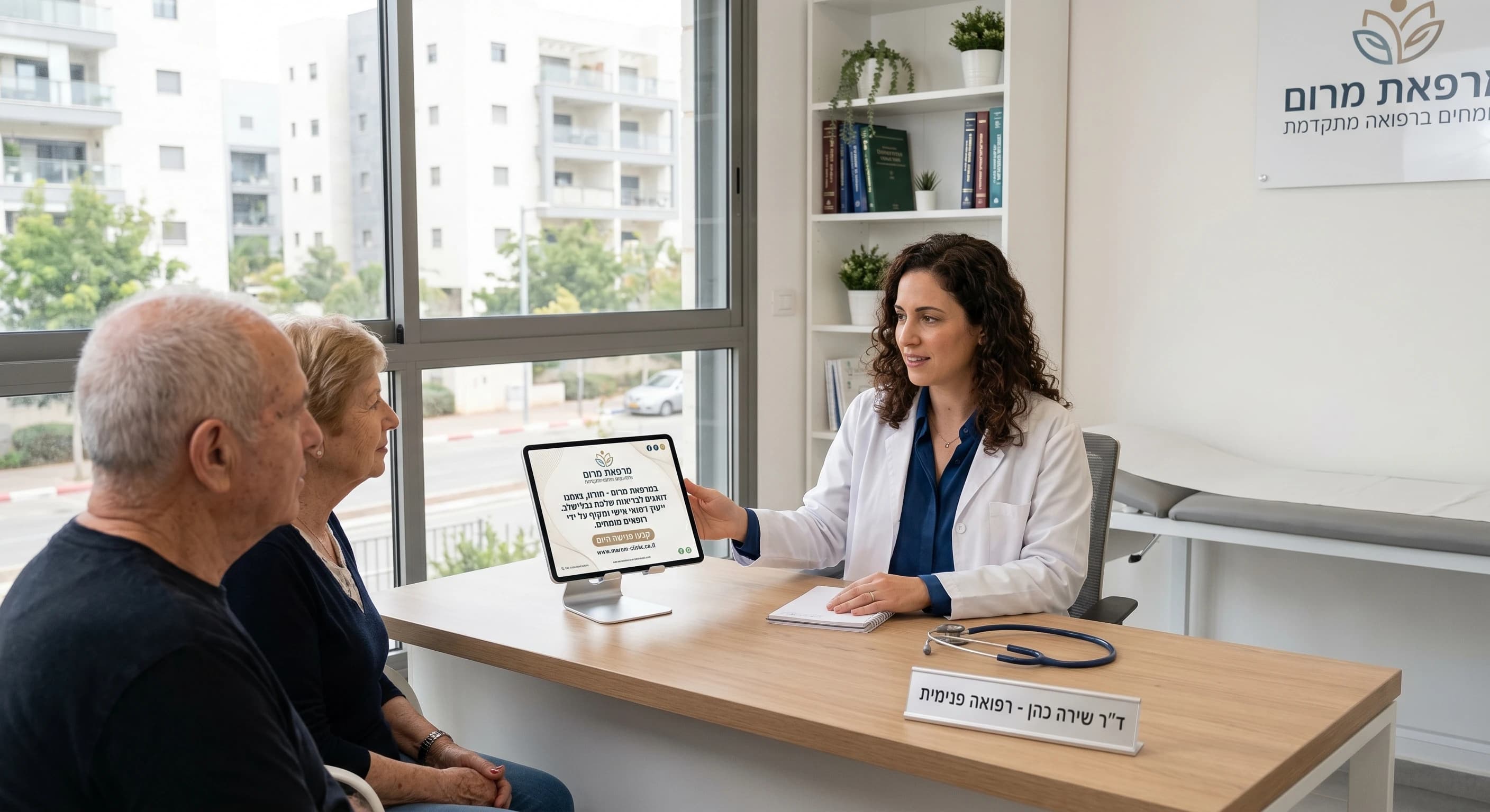 קליניקה מודרנית עם טאבלט המציג מודעה שיווקית אלגנטית בעברית באווירה מקצועית ואמינה