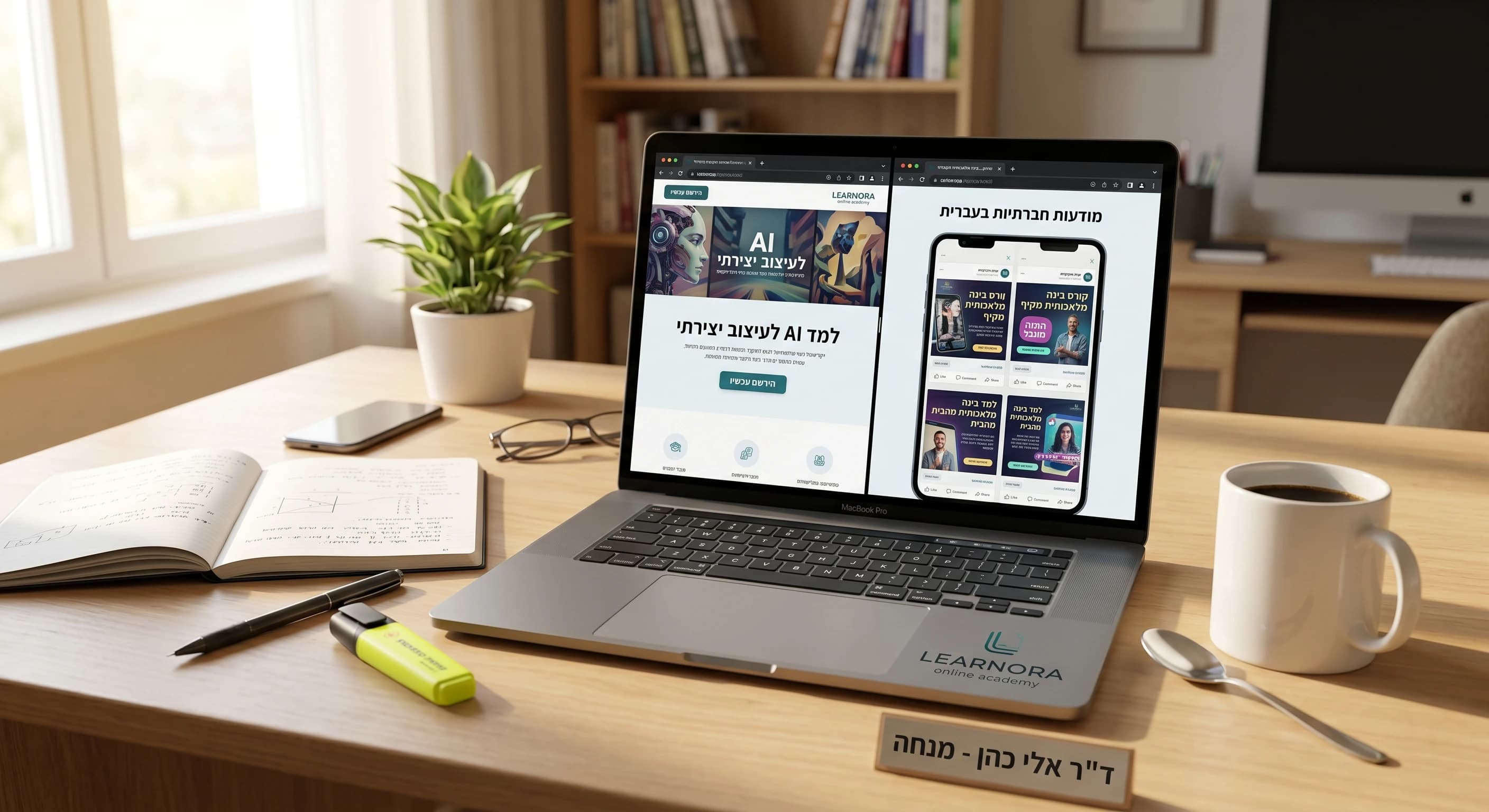 עמדת עבודה של מרצה עם מחשב המציג מודעות הרשמה לקורס בעברית