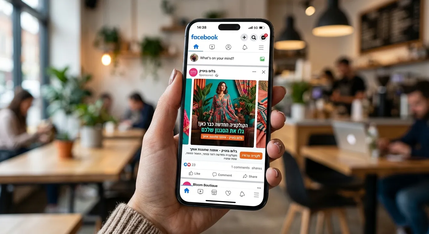 תצוגה של מודעות פייסבוק מעוצבות ב-AI על גבי מסך סמארטפון עם טקסט שיווקי בעברית וניגודיות גבוהה