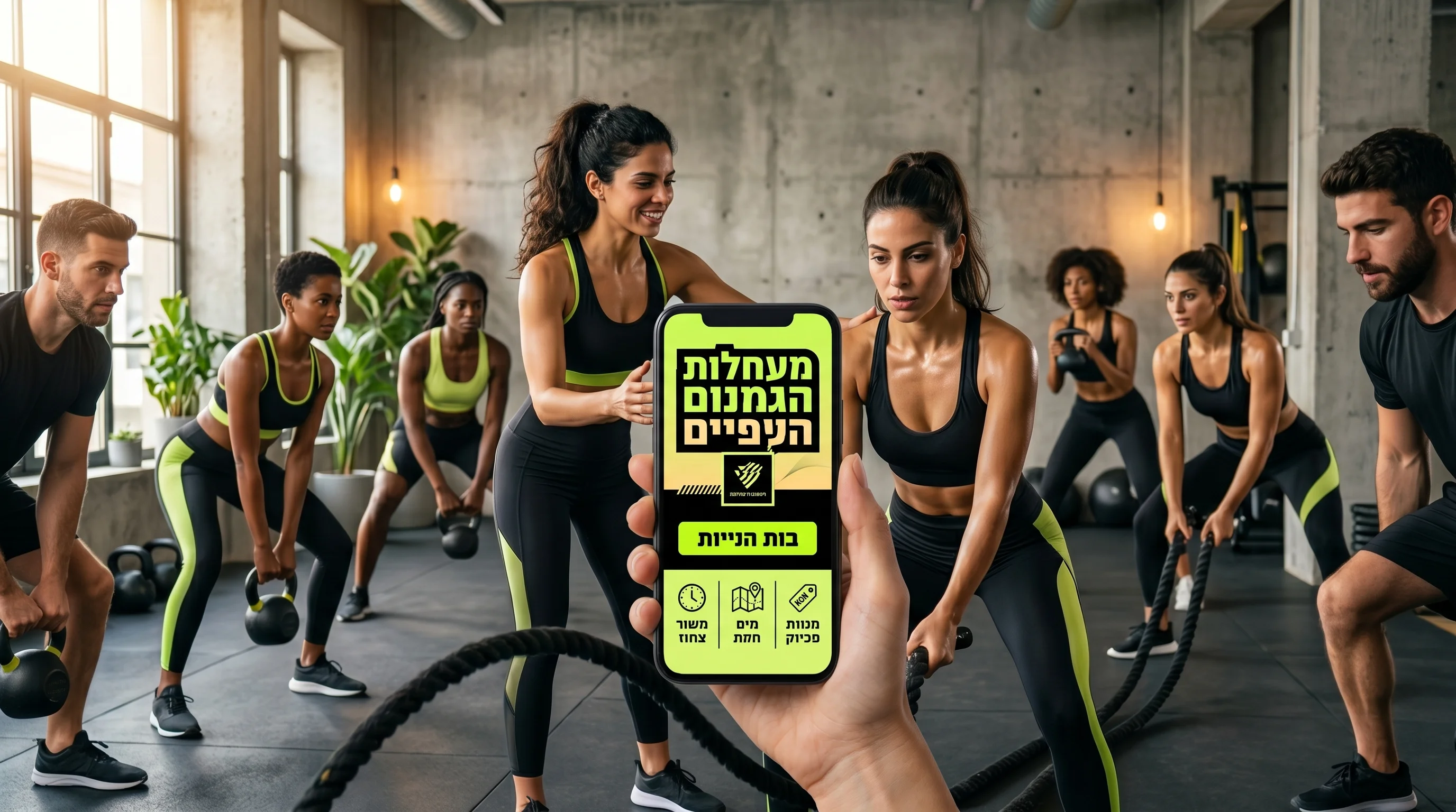סטודיו כושר מודרני עם מודעת הרשמה בעברית שנוצרה בעזרת AI על גבי סמארטפון