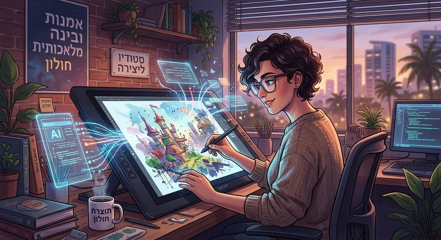 אמנית דיגיטלית משתפת פעולה עם בינה מלאכותית ליצירת יצירות אמנות ועיצובים גרפיים עתידניים