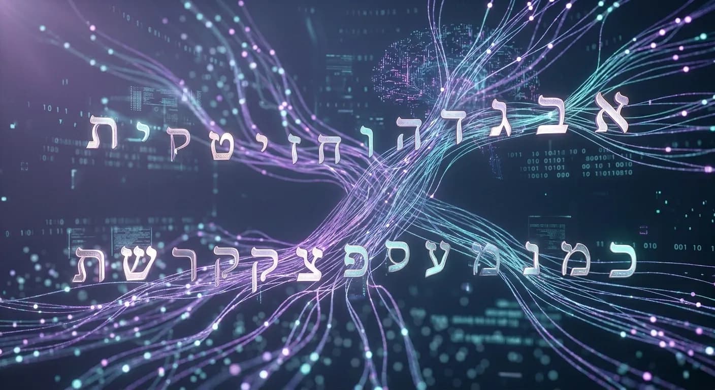 ויזואליזציה אמנותית של אותיות עבריות מרחפות במרחב דיגיטלי בשילוב רשתות עצביות של בינה מלאכותית