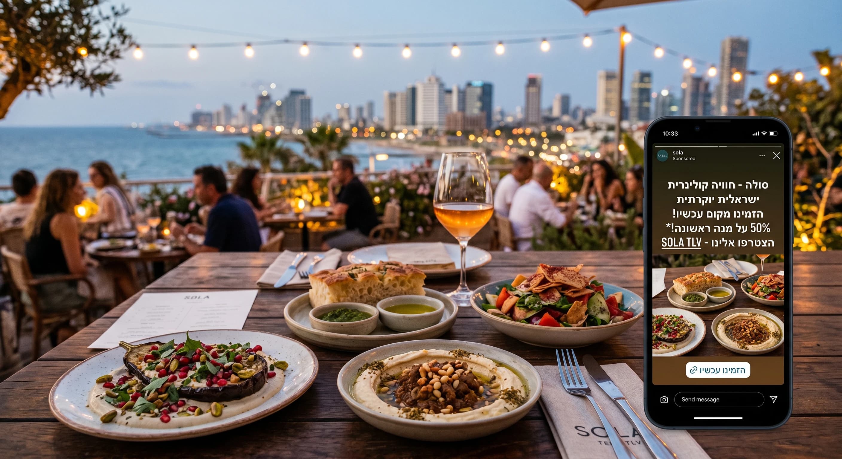 תוכן שיווקי למסעדה עם מנות מצולמות ומודעות אינסטגרם בעברית על גבי סמארטפון