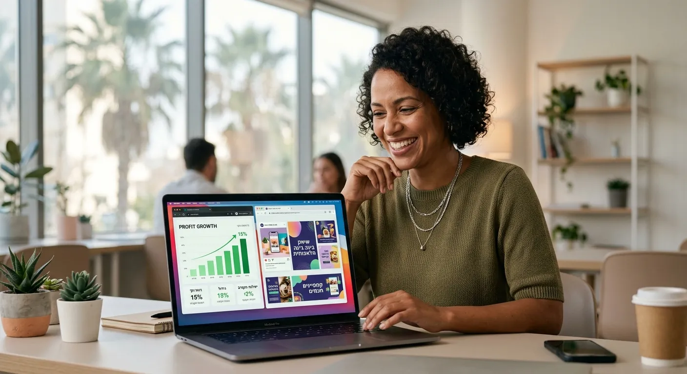 בעלת עסק קטן מחייכת מול מחשב נייד המציג גרפים של עליה ברווחים ועיצובי מודעות AI חסכוניים