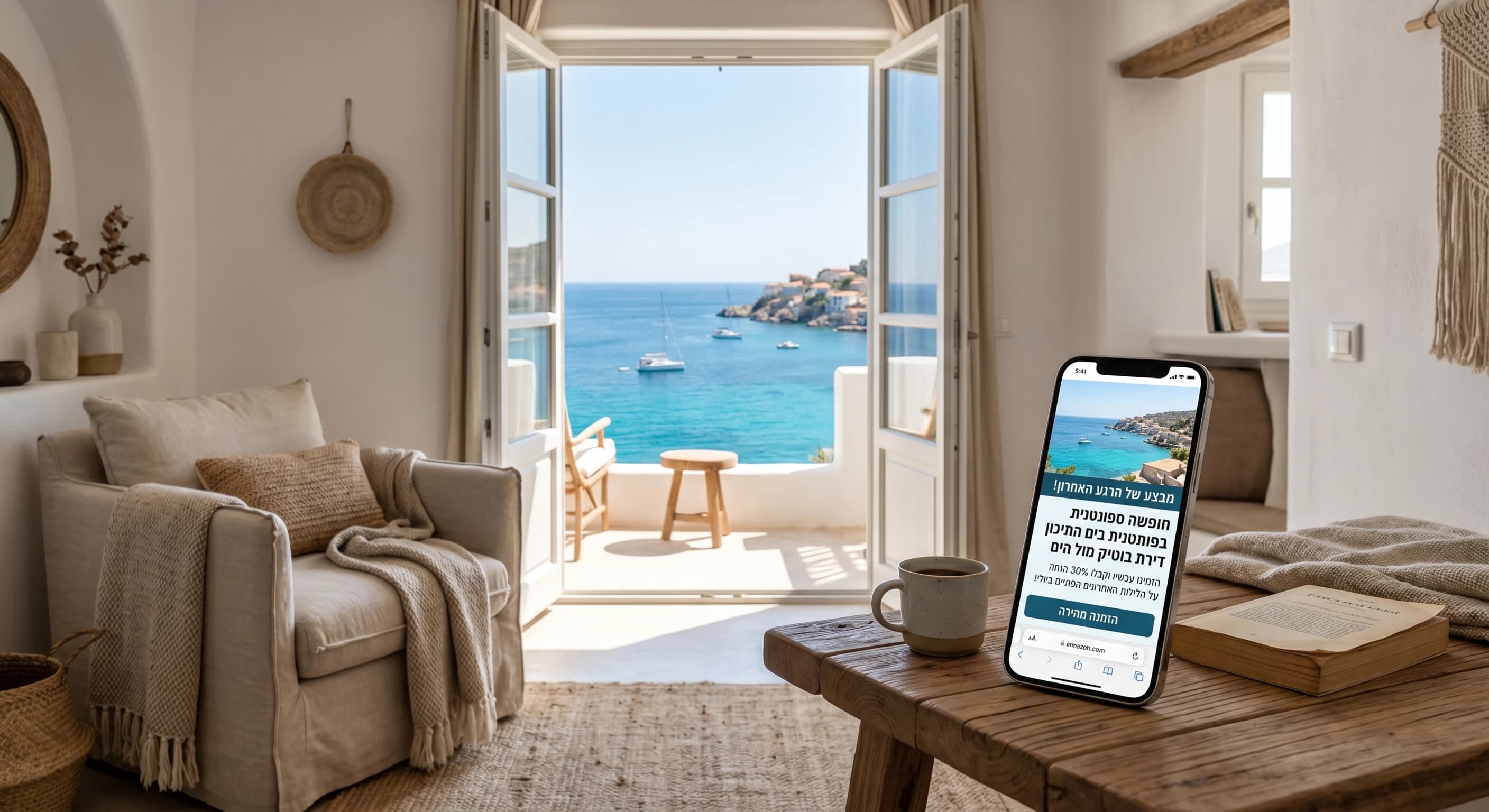 מודעת נופש של הרגע האחרון בעברית על גבי סמארטפון עם דירת נופש ונוף לים